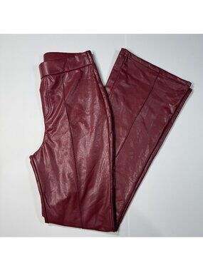 NEW Faux Leather High-Waisted Wide Leg Burgundy Party Women's M Pants Moto Biker